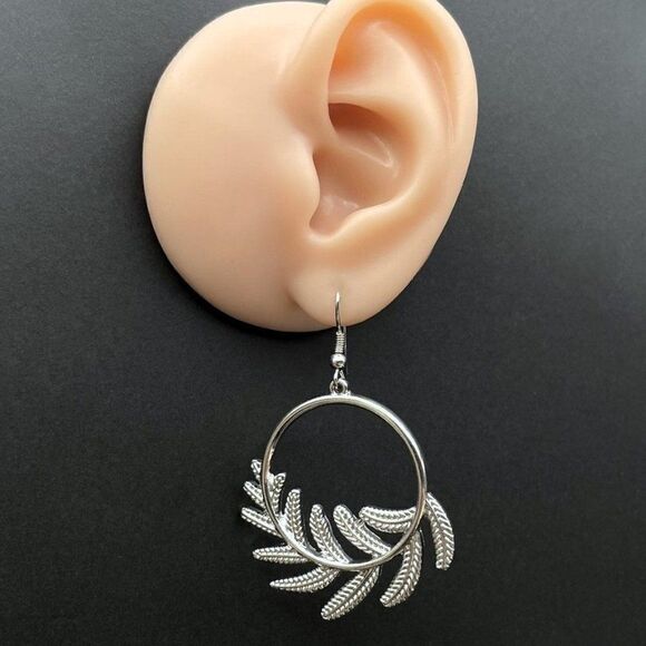 Silver Round Circular Open Hoop Fern Leaf Dangling Drop Hook Earrings - Picture 7 of 8